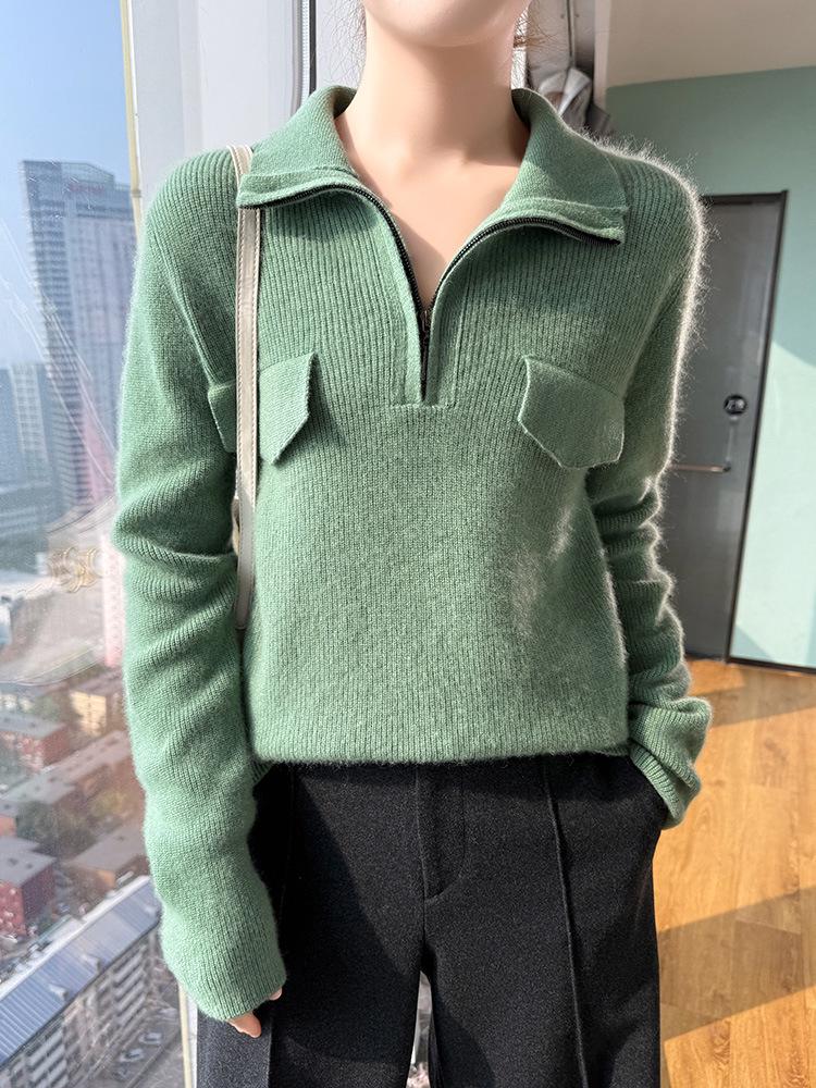 Women's Pure Wool Rib Knit Half Zip Sweater - Autumn/Winter Collection