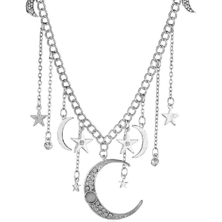 JczR.Y Moon and Star Necklace - Crystal Star Moon Tassel Rhinestone Crescent Pentagram Fringe Pendant for Women Party Statement Jewelry Accessories