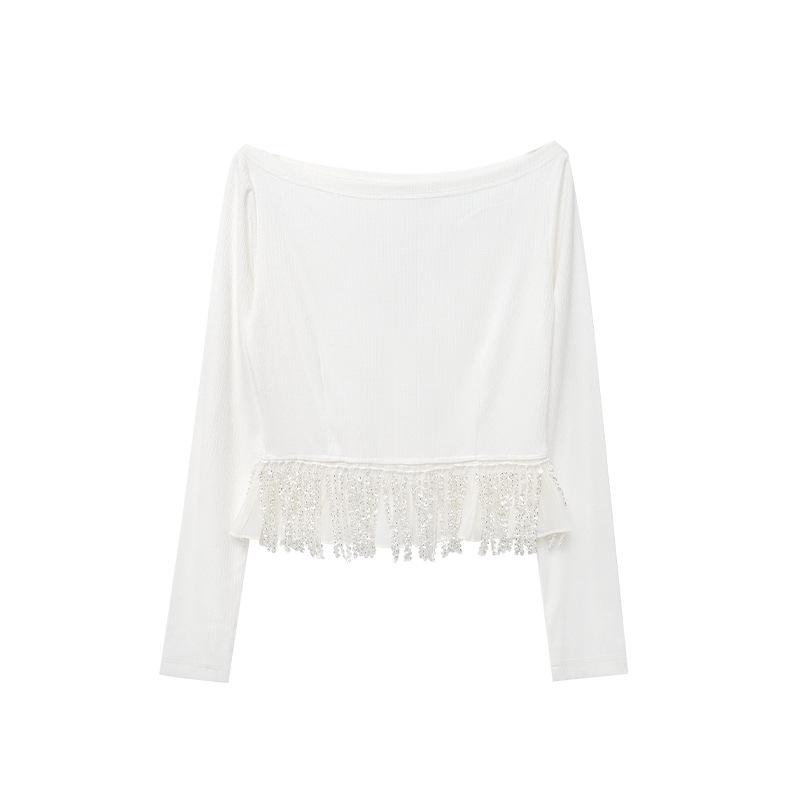 

Осень/Зима 2024 Французский Чистый Стиль Приталенный С Открытым Плечом Вязаный С Длинным Рукавом Базовый Топ Medium абрикосовый