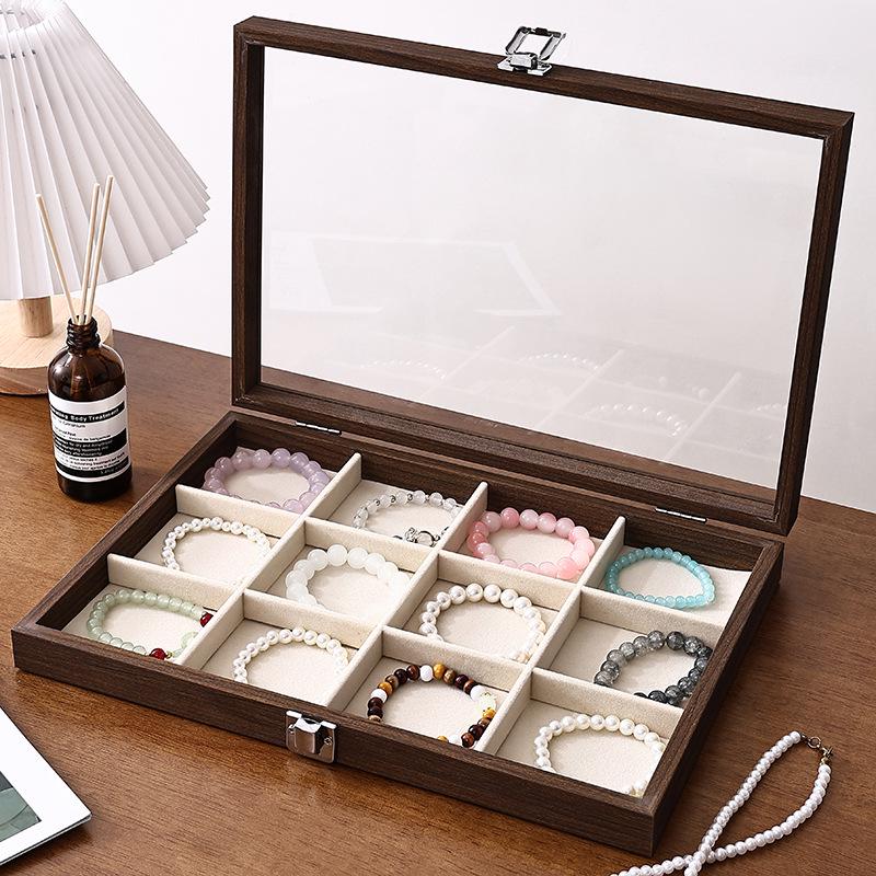 

Walnut Luxury Lidded Jewelry Box - Dustproof & Moistureproof Storage for Rings, Bracelets, Earrings, & Necklaces. Walnut Interior Beige Jewelry Box
