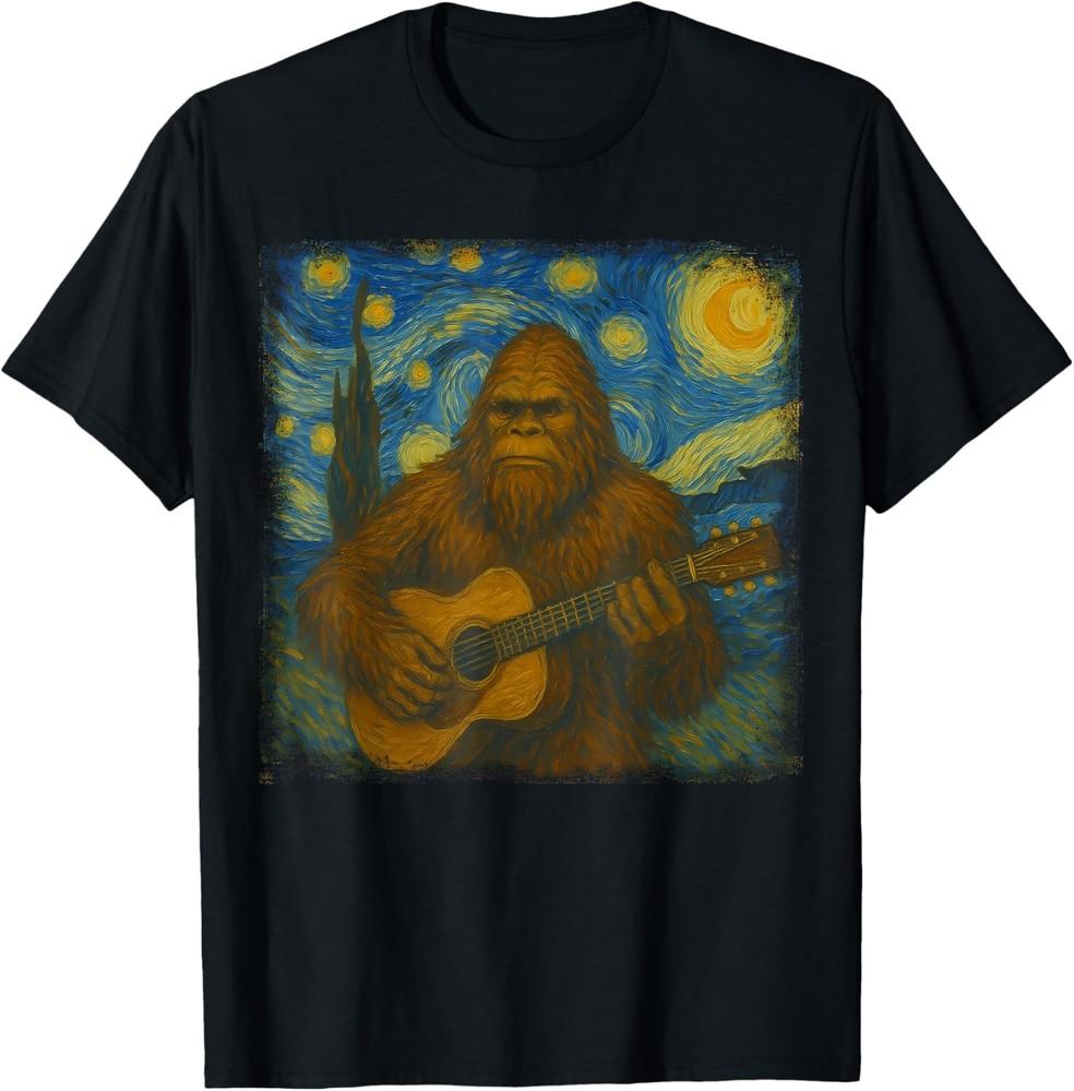 Bigfoot Playing Guitar Van Gogh Starry Night Style Funny Art TShirt Unisex T-Shirt XL
