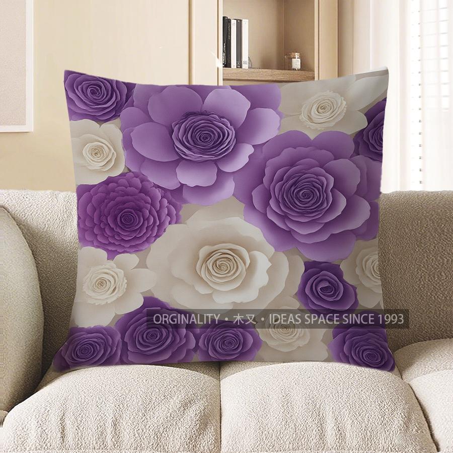 Home Decor Purple  & White 3D Floral Patterned Pattern Cushion Cover Suitable For Sofa Bedroom Car Pillow Cover 40x40cm