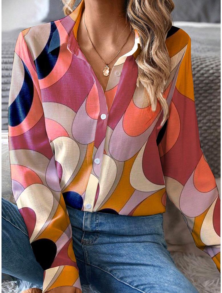 Mode Elegantes Büro Damenhemd Damen Casual Graffiti Bedrucktes Hemd Kragen Knopf Langarm Haushemd Damen Bluse