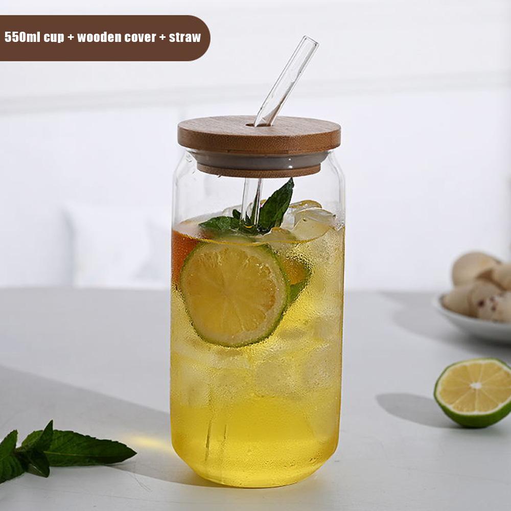 470ml/550ml Glass Cup with Bamboo Lid and Straw Bubble Tea Cup Glasses Cups Transparent Beer Can Coffee Cup Cold Wine Cola