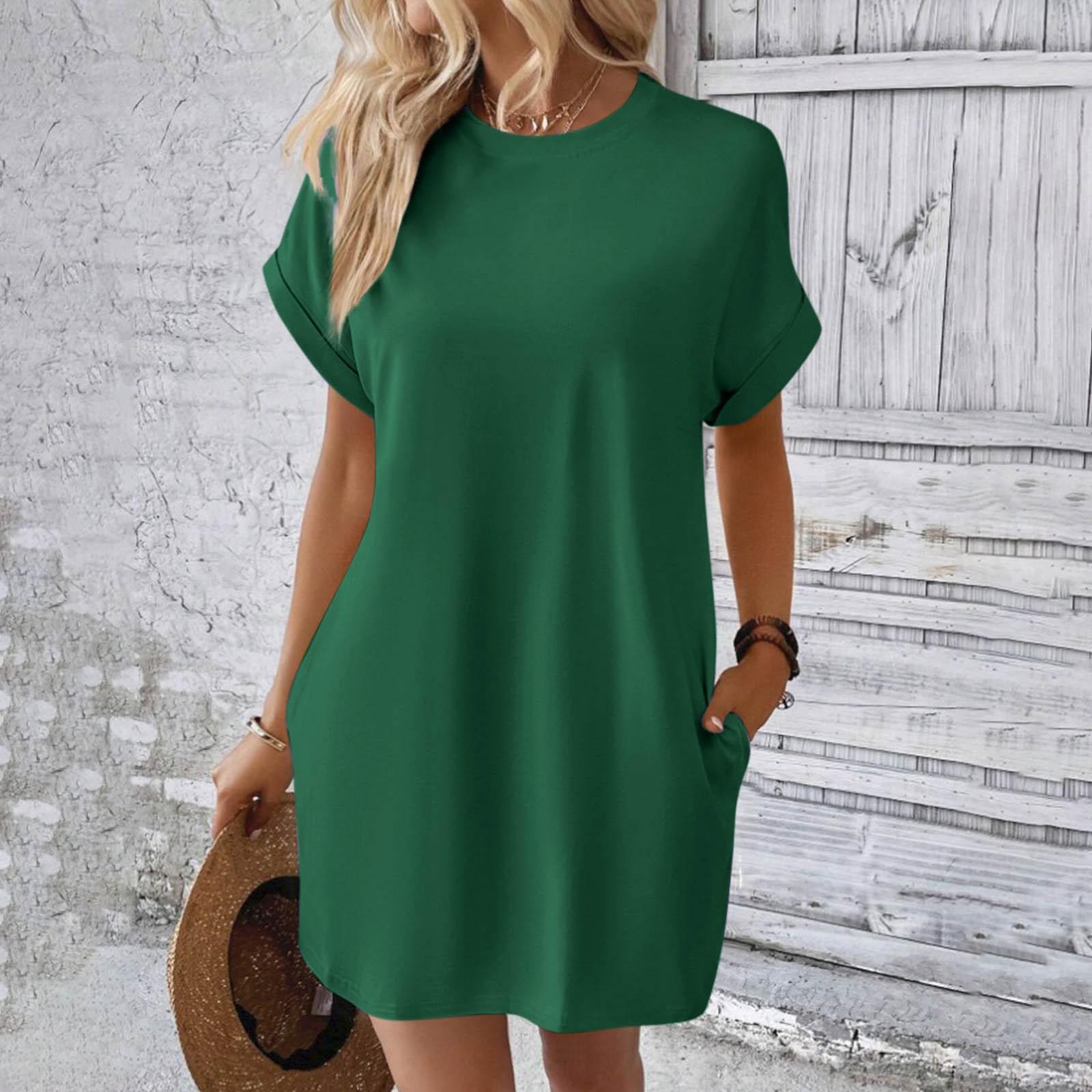 

Женское модное однотонное свободное платье с круглым вырезом и карманами с короткими рукавами M