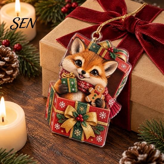 Small Animal Gift Tags for Christmas Forest Ornament, 2D Flat Acrylic Fox Reindeer Squirrel Raccoon in Tree Decoration Set Box Hanging Xmas