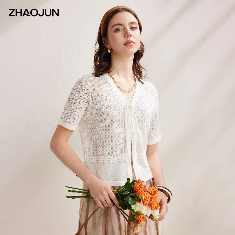 Zhaojun Women s Linen Blend Round Neck Short Sleeve Hollow-Out Cardigan XL