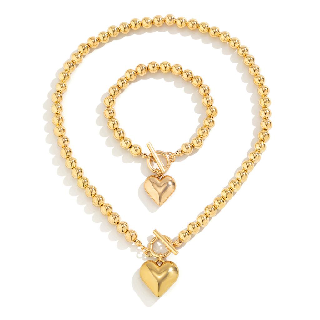 Exaggerated Metal Love Pendant Round Bead Necklace Fashion Imitation Pearl Beaded Necklace Female Necklace