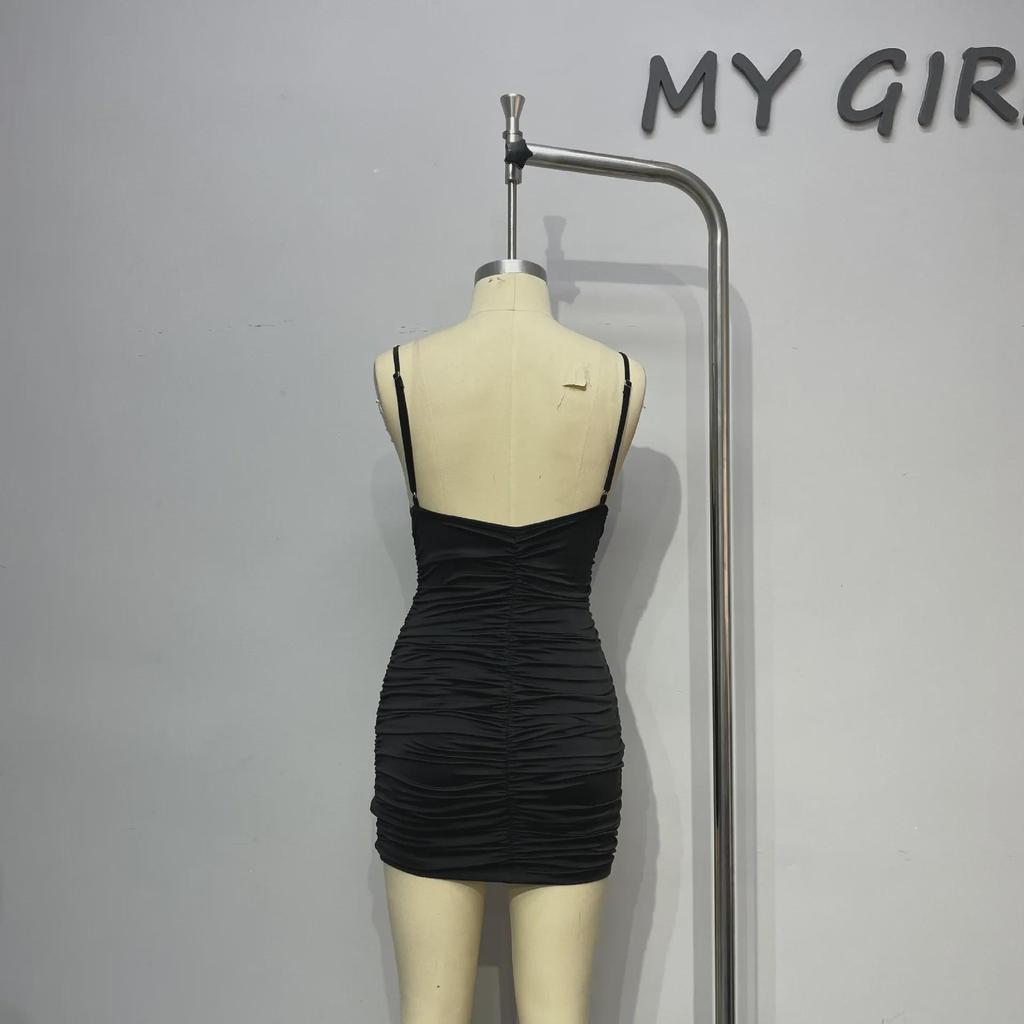 2023 Sommer V-Ausschnitt Slim Kleid mit Hot-Drill-Details