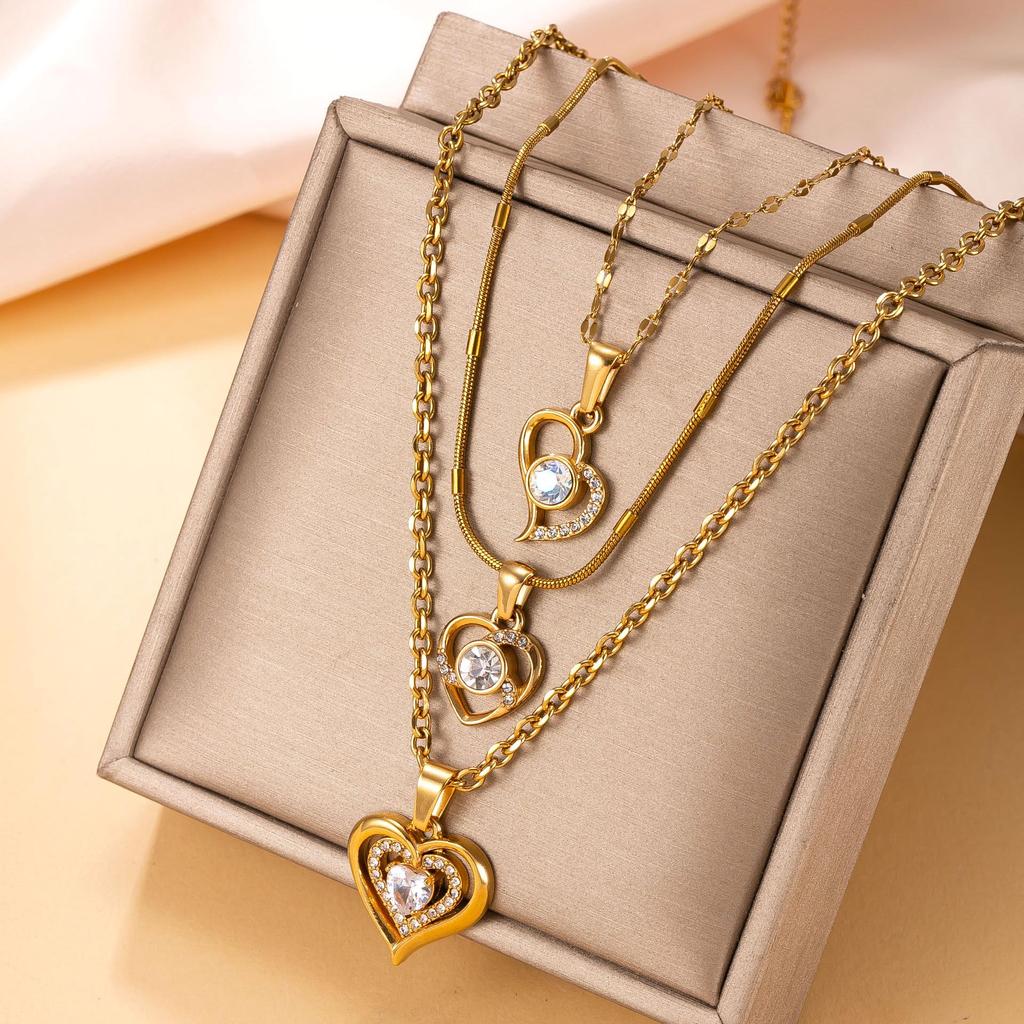 18K Gold Plated Heart Pendant Necklace with Diamonds, Stainless Steel, Colorfast Jewelry