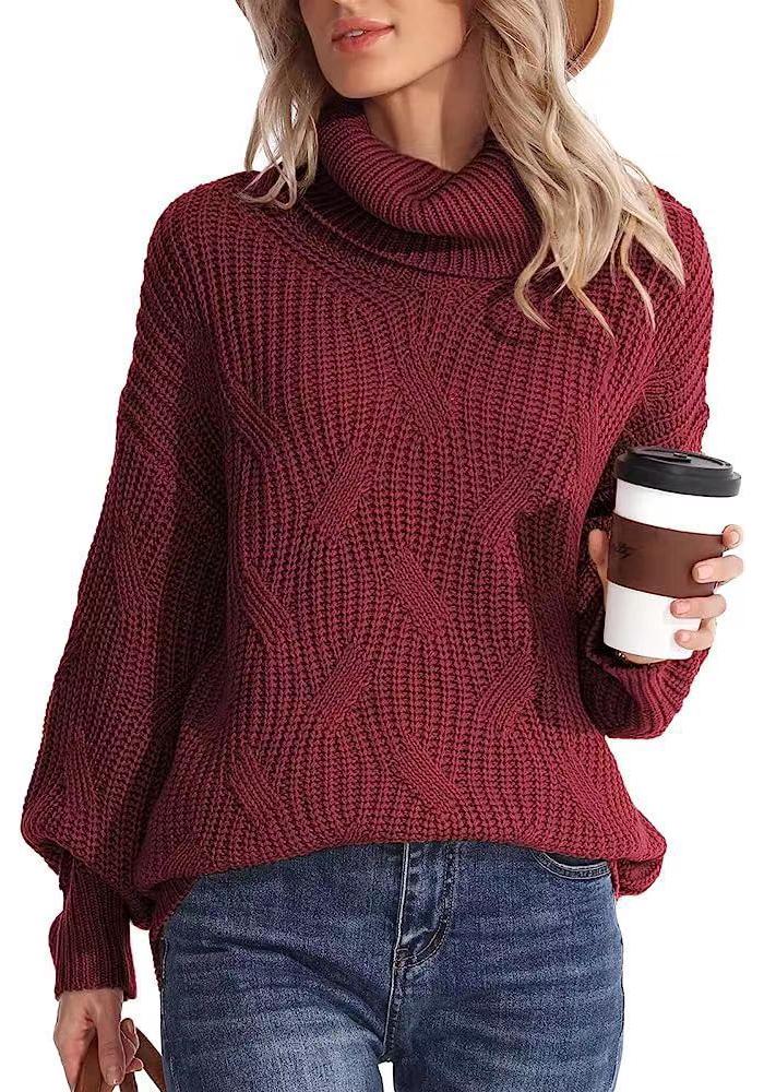 Women's High Neck Cable Knit Pullover Sweater - 2024 Autumn/Winter Collection