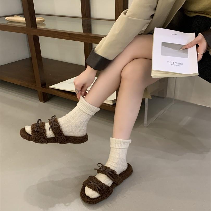 Small inner height increase fluffy shoes for women outside wear 2025 new autumn and winter Mary Jane bow velvet beanie cotton shoes