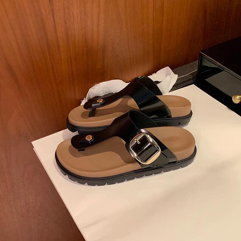 Sheepskin simple thick-soled leather slippers women's summer wear flat-bottomed flip-flops casual cool slippers