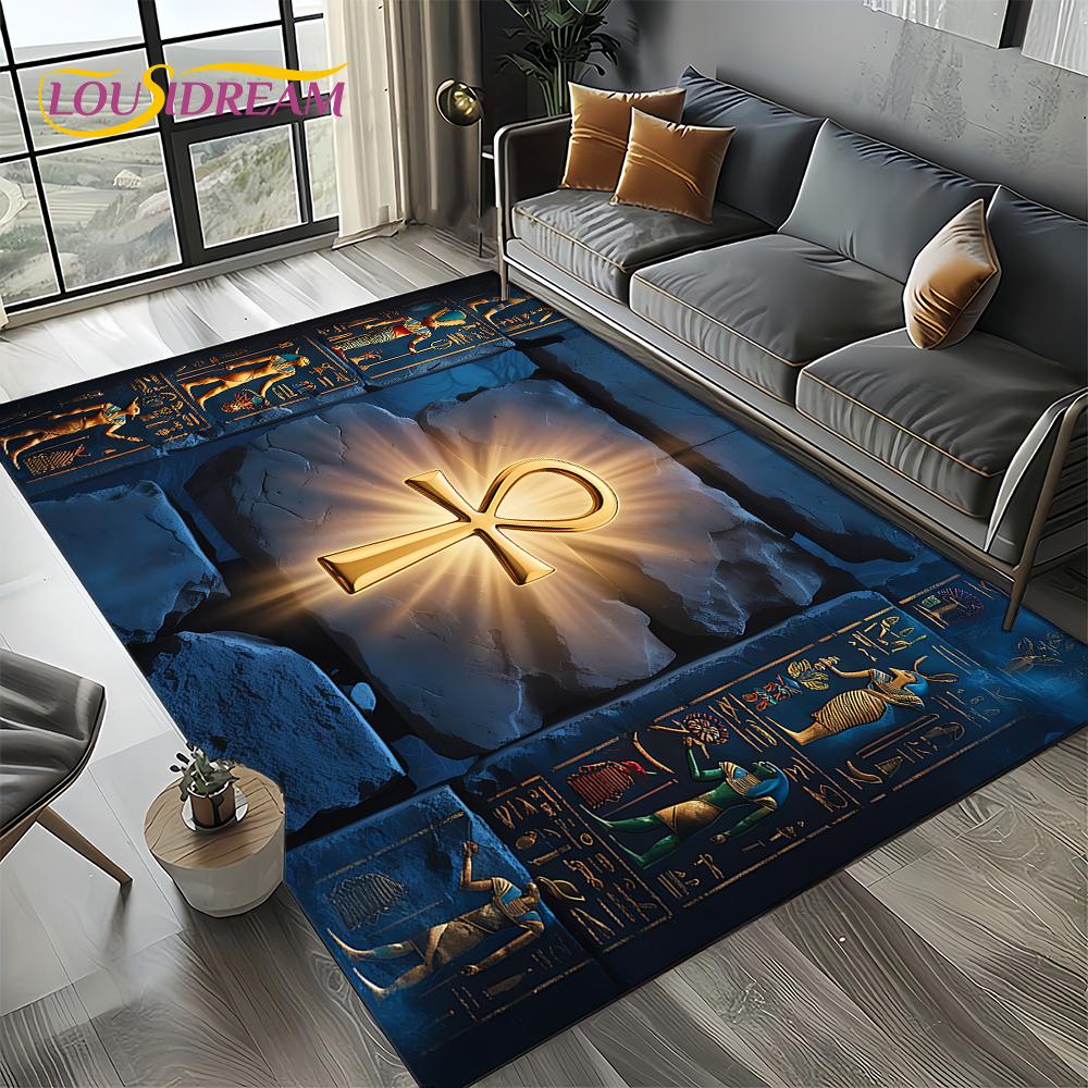 2025 Antikes Ägypten Hieroglyphen Mythologie Wandmalerei Teppich für Wohnzimmer Schlafzimmer Sofadekoration,Rutschfeste Bodenmatte