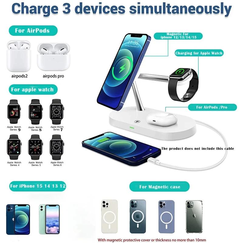 3 v 1 magnetický bezdrátový nabíjecí stojan pro iPhone 15 14 13 Pro Max Watch 9 8 7 Airpods indukční rychlonabíjecí stanice USB