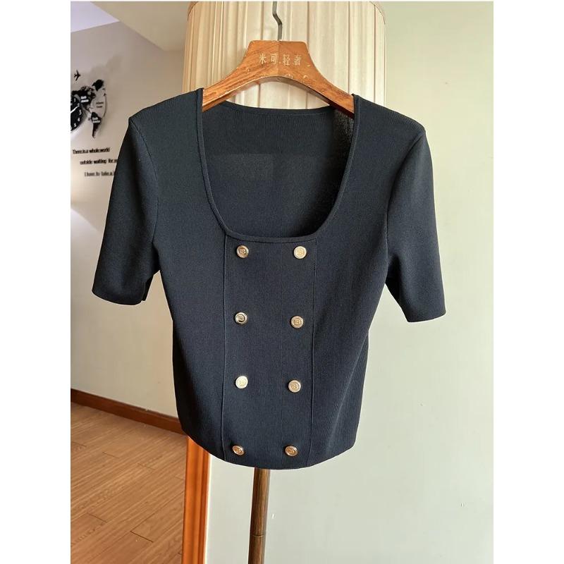 

Ice Silk Sweater Women s New Metal Le Commuting Versatile Breathable Short-sleeved T-shirt L чёрный