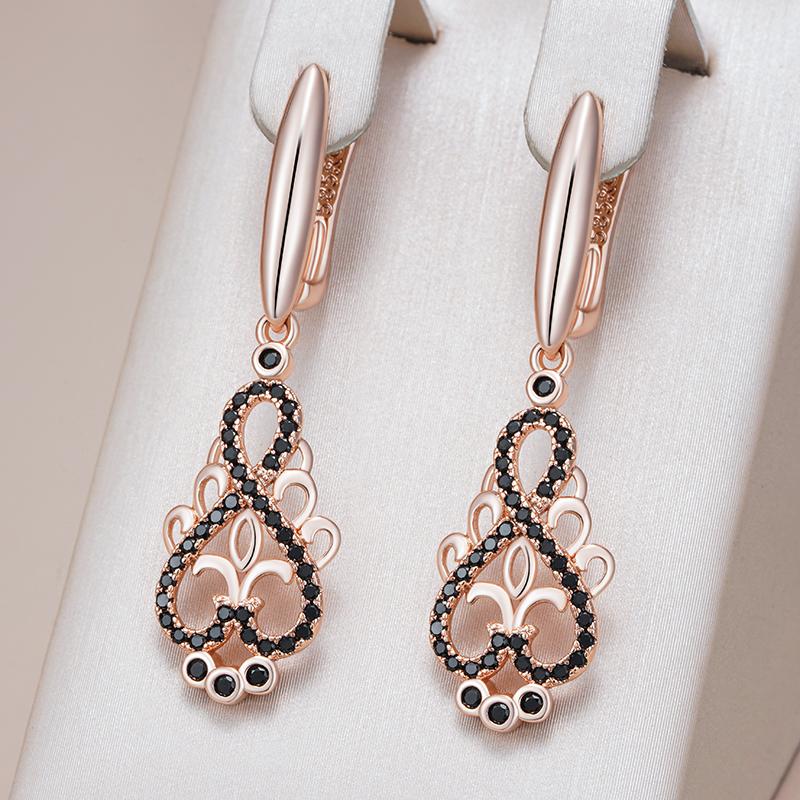 Trend  Rose Gold Color Crystal Flower Long Dangle Earrings Black Natural Zircon Accessories Daily Fine Women Jewelry
