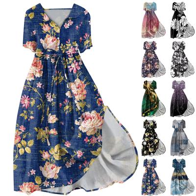 Women's Fashion Casual Printed Lapel Collar Button Short Sleeve Clothing Straps Dress