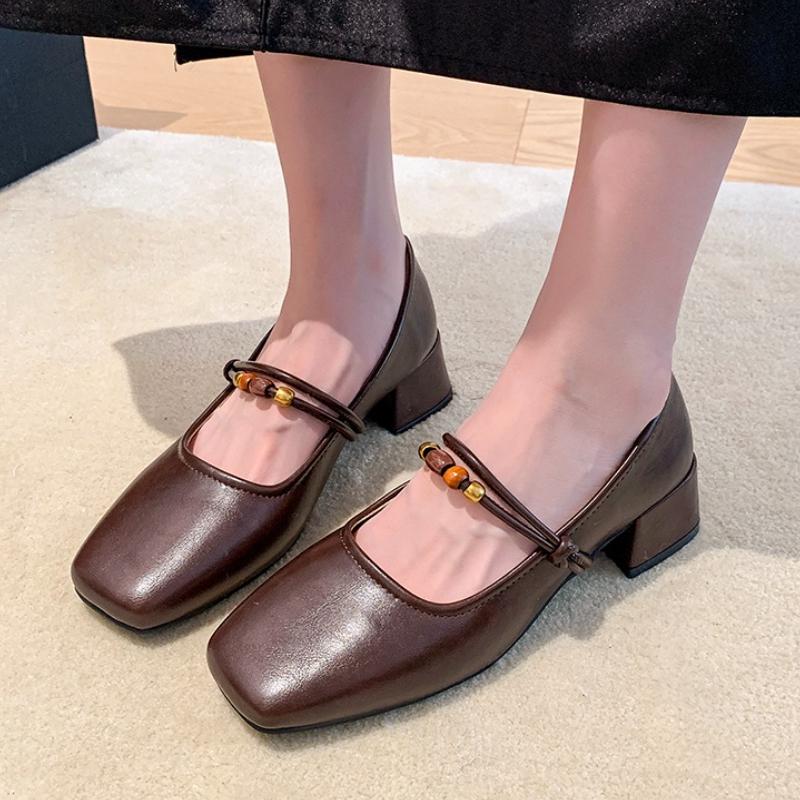 

Fashion Spring and Summer Women Fashion Pearl Design Mary Jane Low-heeled Single Shoes Female Elegant Square Toe Soft Sole Dress Shoes 35 коричневый