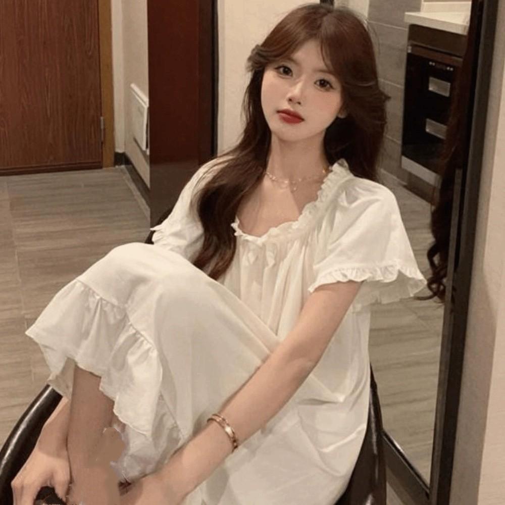 Short Sleeve Women's Pajama Dress Loose Princess Nightgown Casual Ruffle Nightdress Female