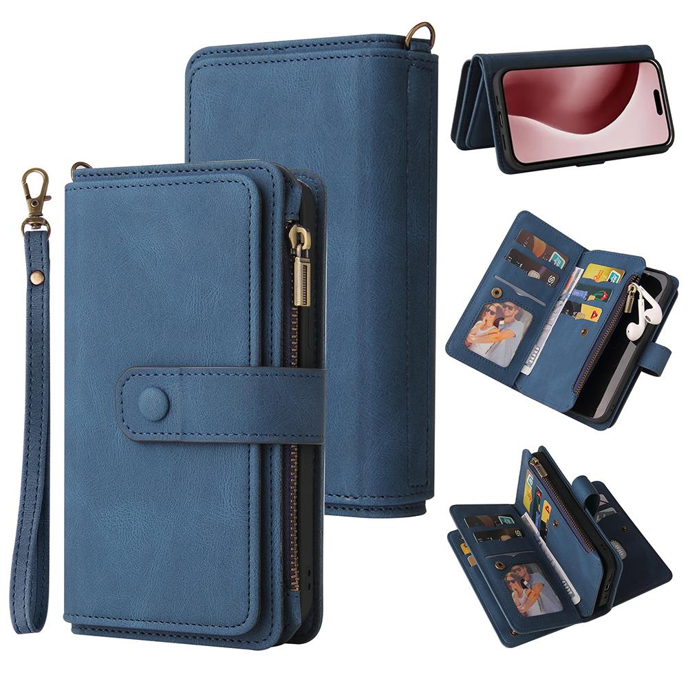 

For iPhone 16 Pro Zipper Wallet Case with 15 Card Slots and Strap Leather Phone Cover Blue