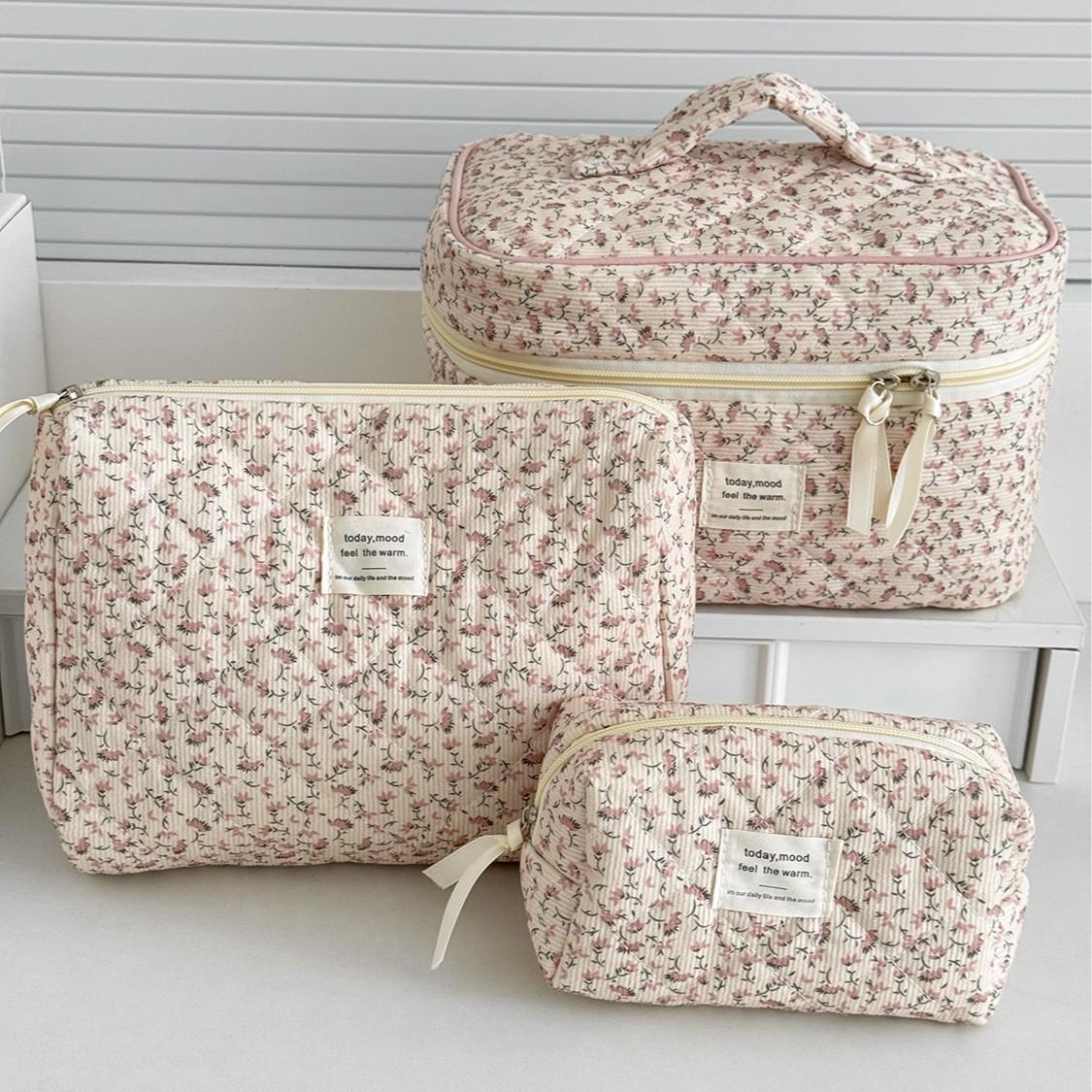 Multifunctional travel portable fresh ins-style storage bag corduroy pink floral makeup bag Octagonal Bag