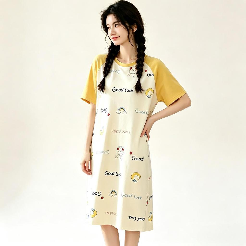 Damen Sommer Pyjama Set im koreanischen Stil - Kurzarm Nachthemd, Niedlich Übergröße für Damen und Studentinnen