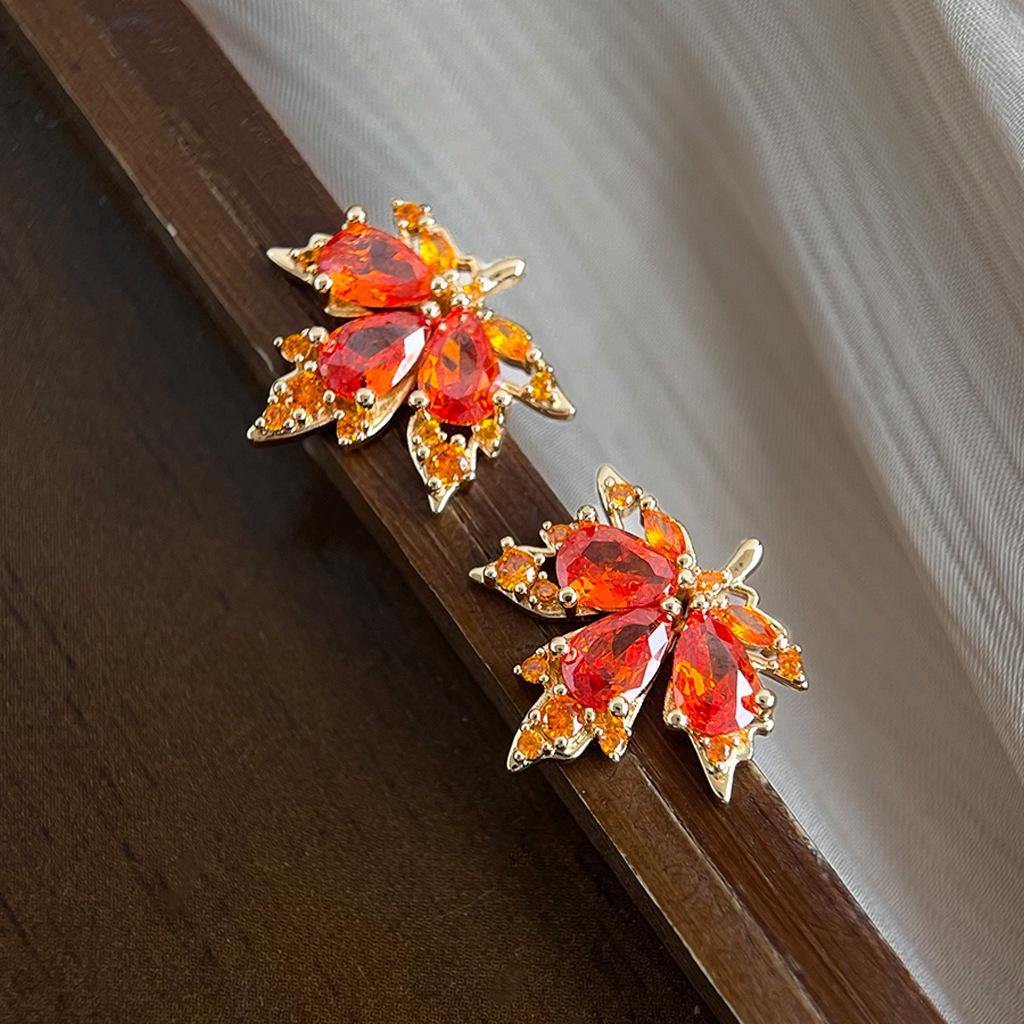 Elegant Red Maple Leaf Zircon Stud Earrings - Autumn/Winter Luxury