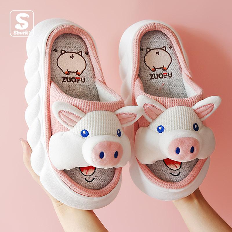 Fashion Animals Slippers Women Platform Shoes Cute Cartoon Thick Sole Home Slippers Pink Pig Slipper Ladies 4 Seasons Cotton Flax Slides