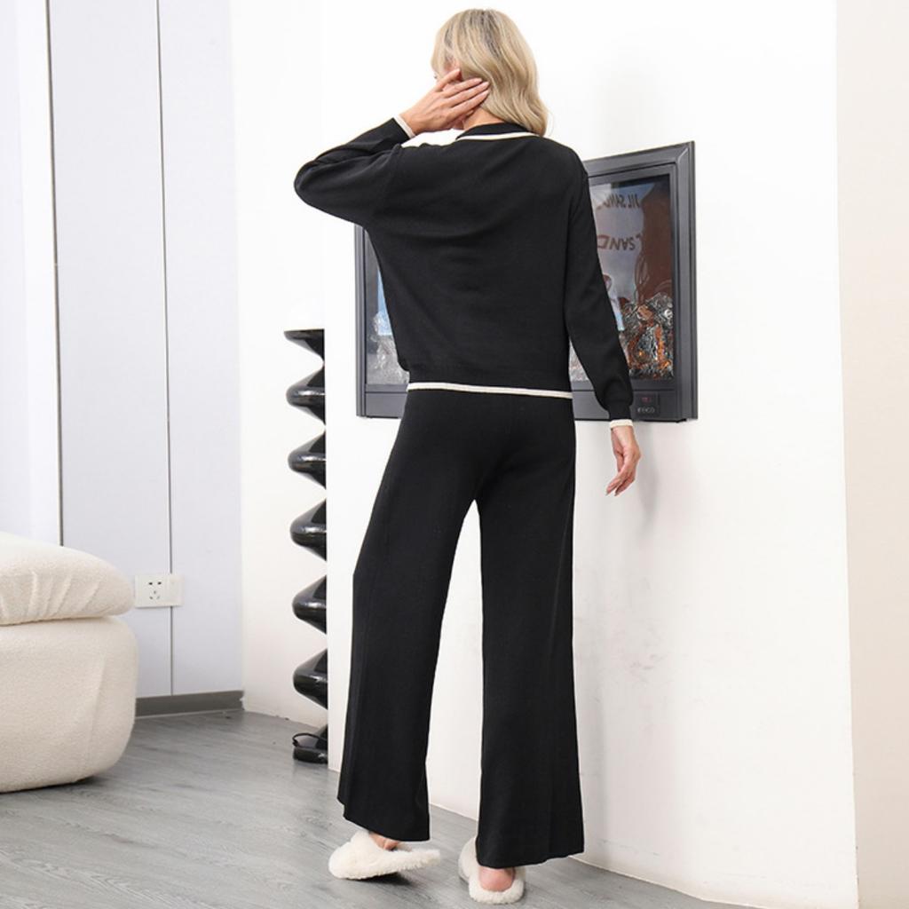 Autumn and Winter Collar Single-breasted Loose Casual Wide-leg Pants Knitted Two-piece Set for Women