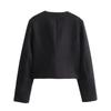 Women Fashion Autumn Winter Single-breasted Textured Round Neck Flip Pocket Short Jacket Coat Chic Ladies Tops Mujer