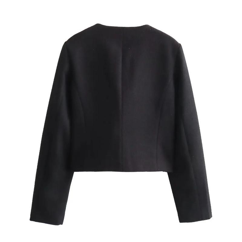 Women Fashion Autumn Winter Single-breasted Textured Round Neck Flip Pocket Short Jacket Coat Chic Ladies Tops Mujer