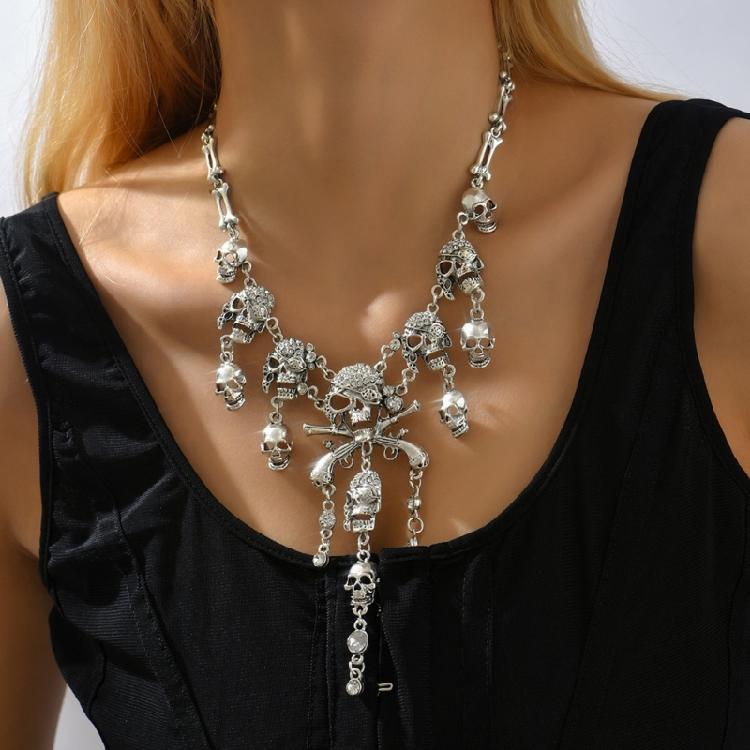 Halloween Pirate Skull Necklace Skeleton Pendant Bones Chain Choker Jewelry Gift