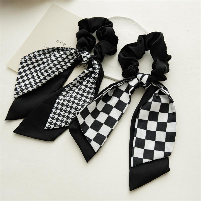 New Black and White Grid Hair Rubber Band Bow Streamer Hair Accessories Large Intestine Hair Ring Elastic Head Rope Accessories