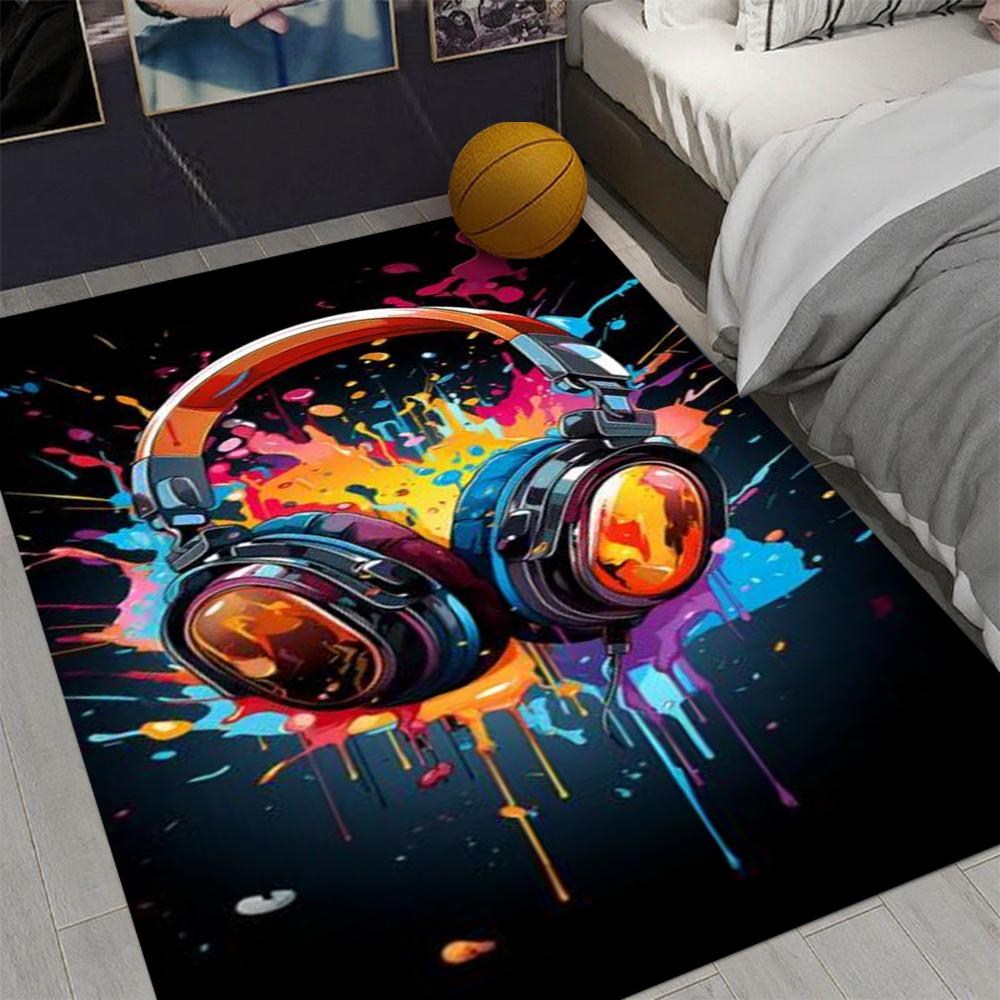 Colorful Sound Waves Wandering Headphones Printed Carpet Art Graffiti Rug Game Room Carpet Suitable for E-sports Enthusiasts