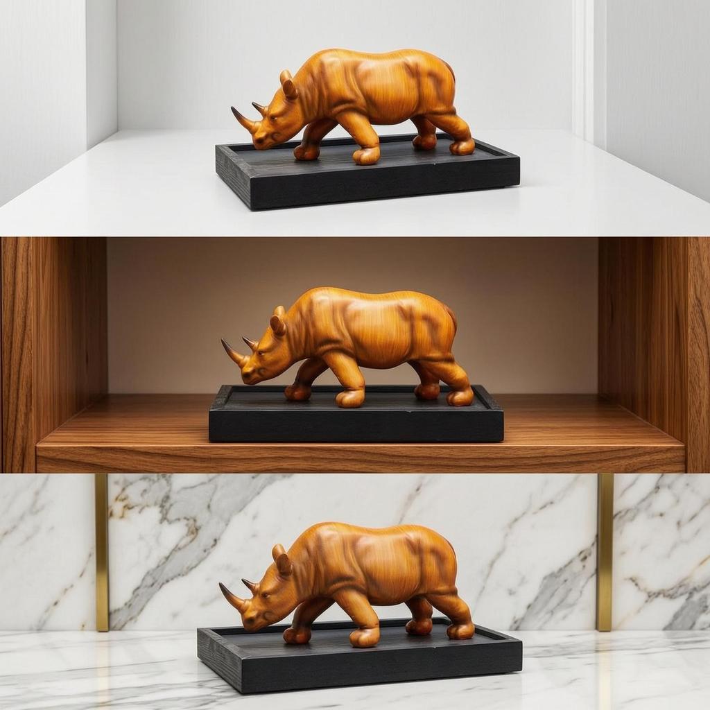 Wood Grain Rhino Statue Ebony Base Figure Realistic Rhinoceros Sculpture for Desktop, Shelf