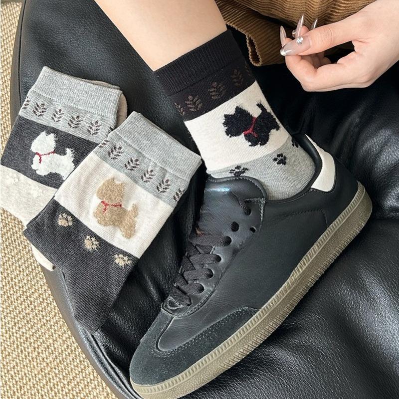 Retro Fair Island Puppy Socks, Women's Mid-calf Socks, Versatile for Spring and Autumn, Plush and Cute Pile Socks, Long Socks