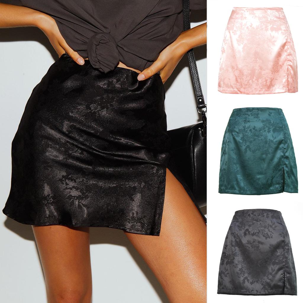 Spring and Summer Women's Open Short Skirt Sexy Jacquard Satin High-waisted Zipper Bustier Skirt Comfortable Elegant and Premium Female