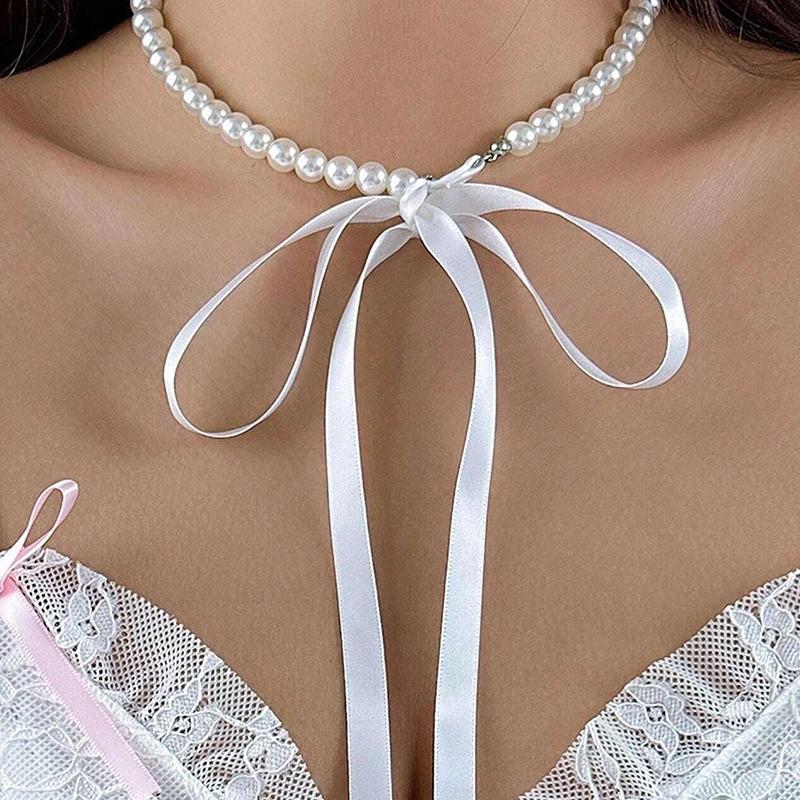 Exquisite Imitation Pearl Choker Necklace Fashionable Bow Tie Lace Up Velalvet Necklace Personality Simple Jewelry For Woman
