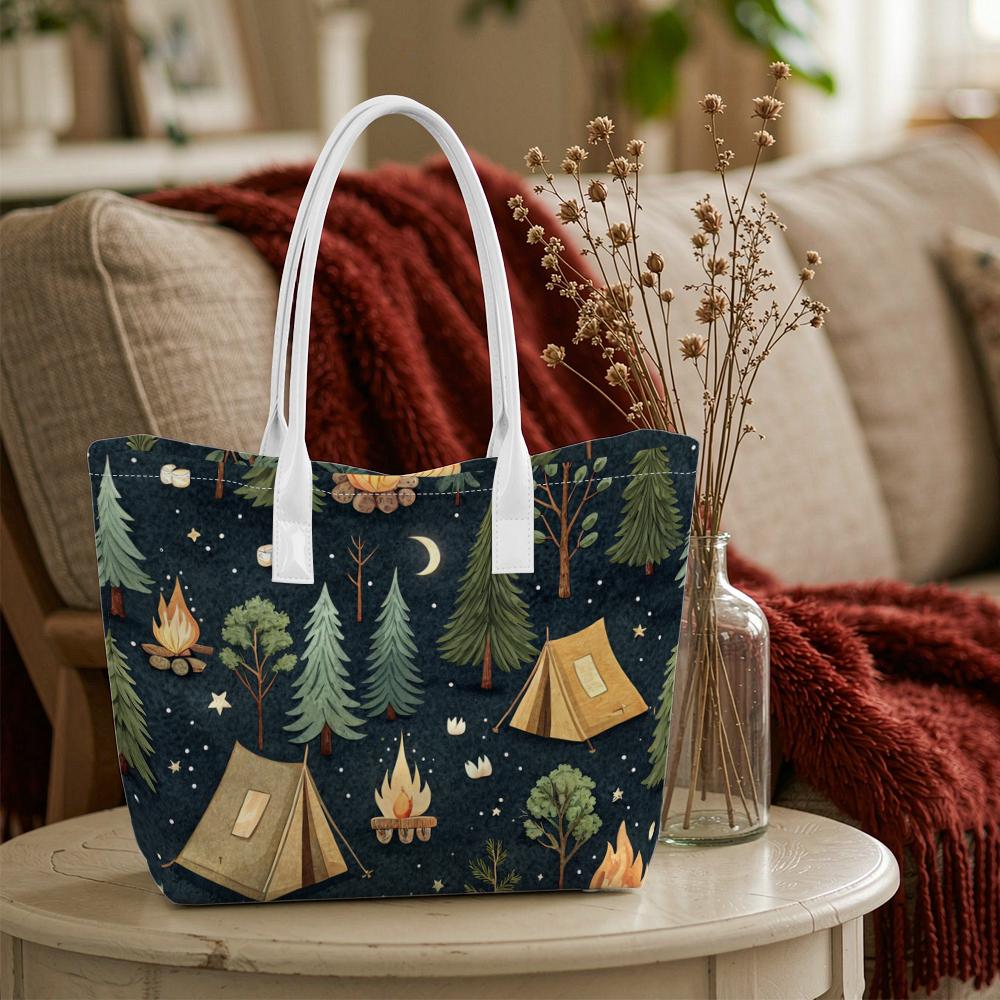 Cute Camping Pattern Tote Bag for Women Portable Large Capacity Casual Daily Shoulder Handbag for Outdoor Travel Shopping