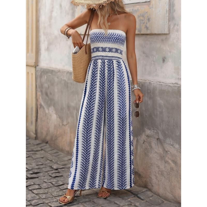 Tuta da donna blu bianca stampata senza spalline etnica da vacanza a gamba larga