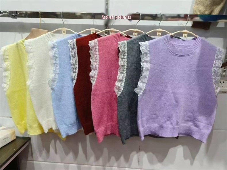 Korean Retro Lace Patchwork Knit Vest for Women - Spring/Autumn Round Neck Sleeveless Sweater
