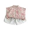 Pink Floral Stand Collar Kids Short Sleeve Shirt Set Summer Baby Boy Girl Toddler Blouse Outfit