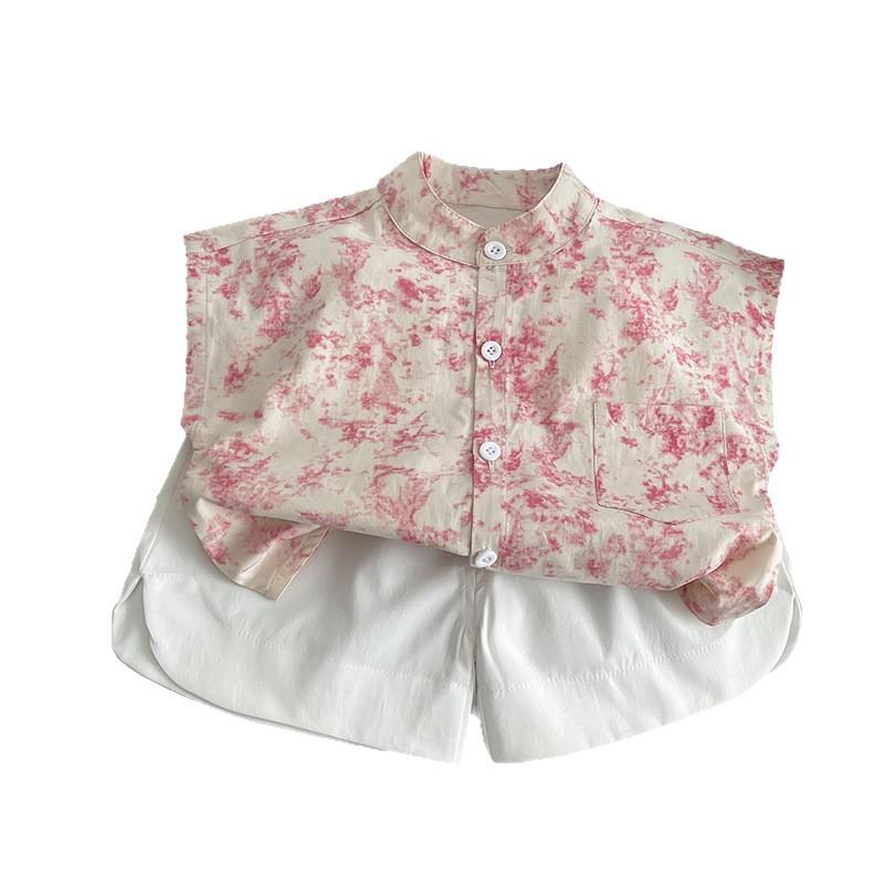 Pink Floral Stand Collar Kids Short Sleeve Shirt Set Summer Baby Boy Girl Toddler Blouse Outfit