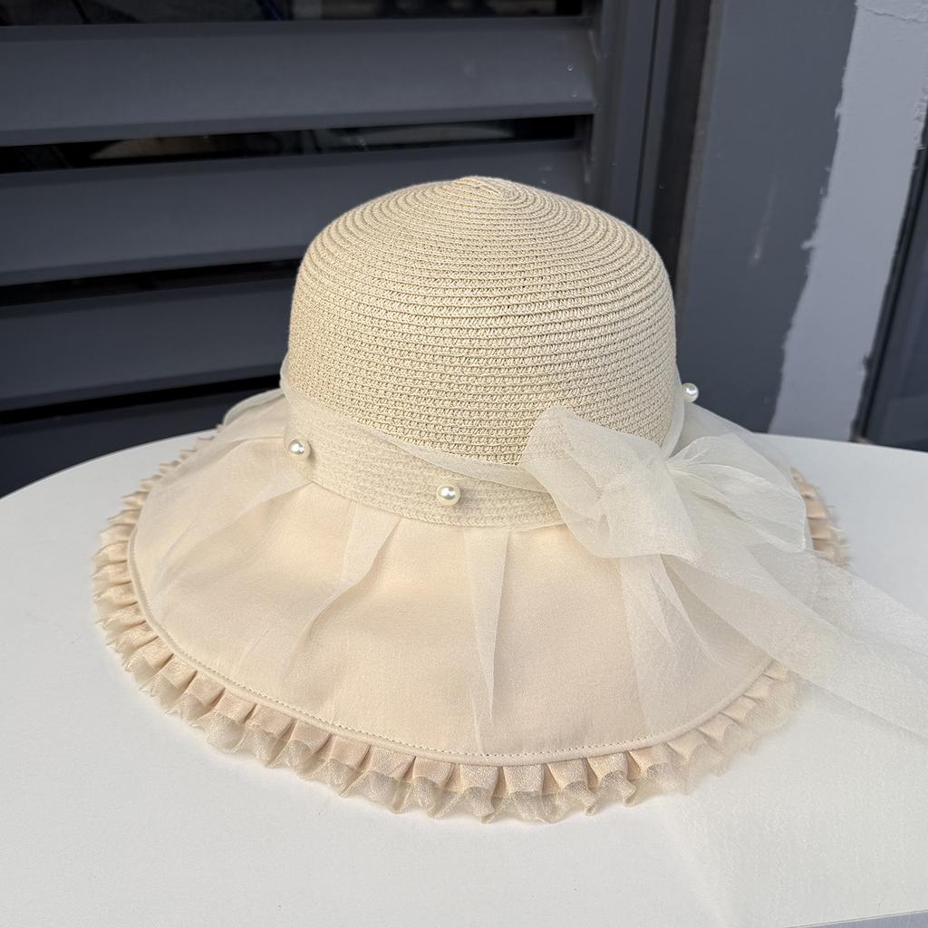 Elegant Flower Pearl Lady Hat Summer Organza Wide Brim Sunscreen Kentucky Derby Hats Women Church Wedding Beach Sun Cap