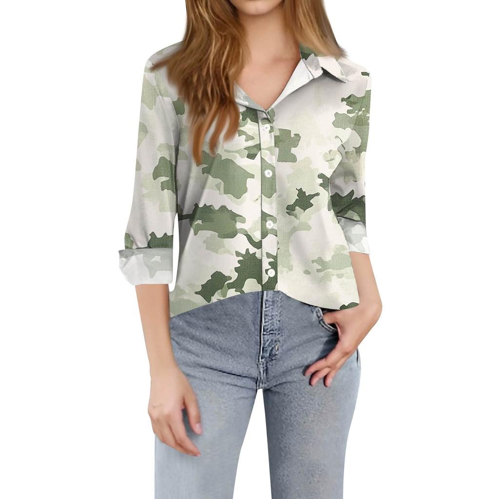 Camicia da donna, camicetta, stampa, bottoni, manica lunga, casual, basic, colletto, regolare