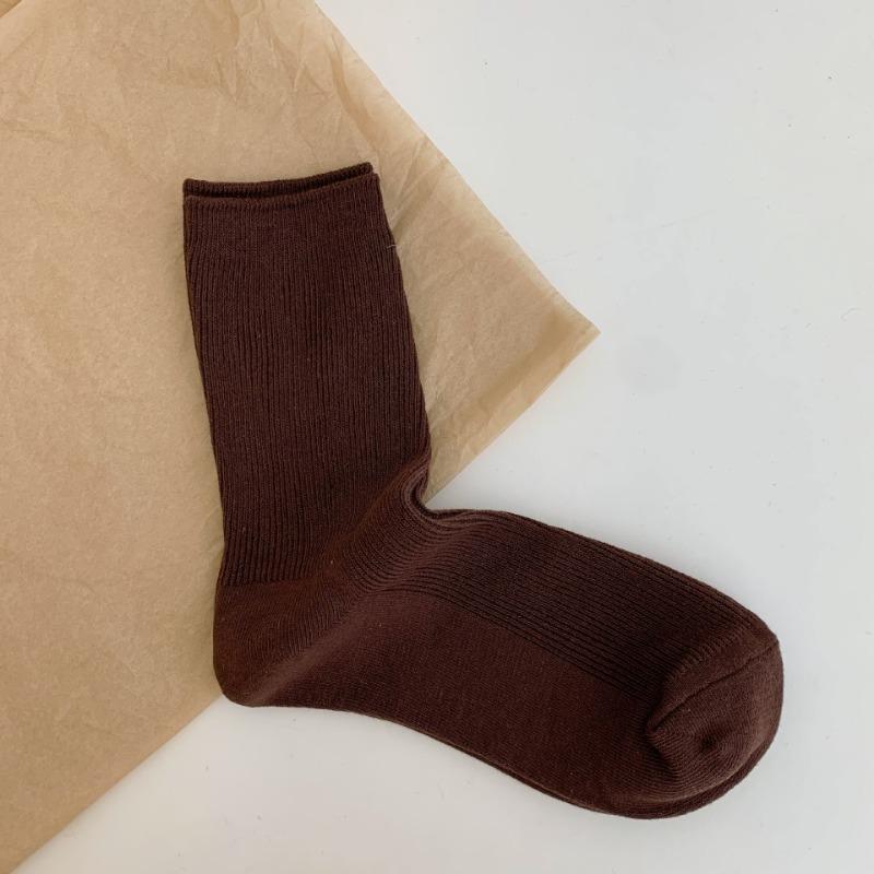 Bomull Ensfarvede Sokker for Kvinner, Høst Tynne Tynne Stripete Frotte-sokker for Kvinner, Midt-legg Sokker