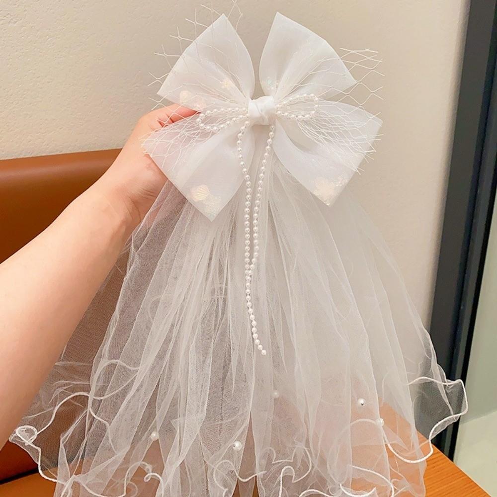 White Girls Head Gauze Bow Bridal Tulle Fashion Veil Hair Clip  Hairpins