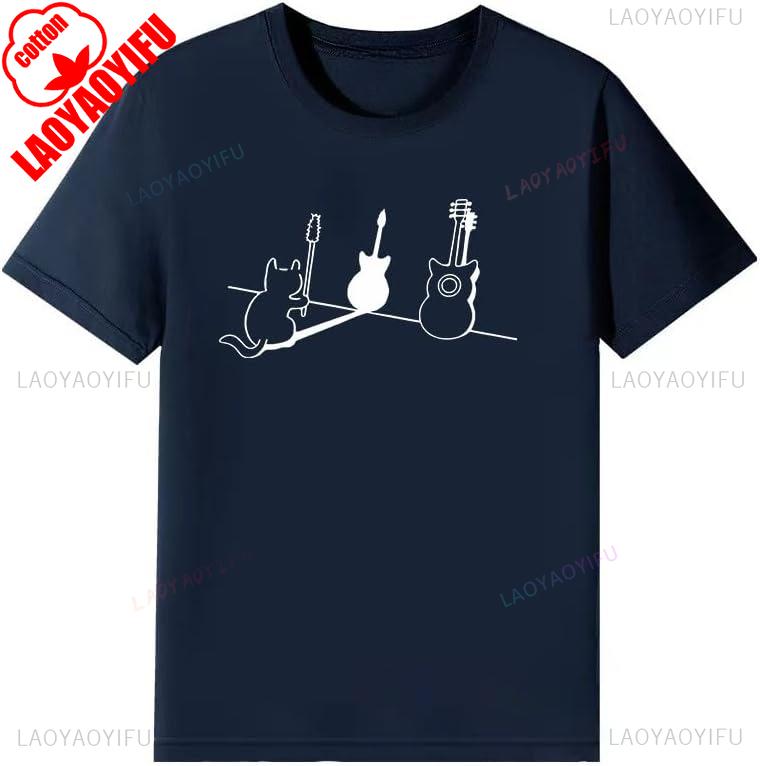 For Work or School Guitar Funny Cute Cat TShirt Mens Womens Short Sleeve Parody Pattern Clothes Birthday Gift Graphic Tshirt