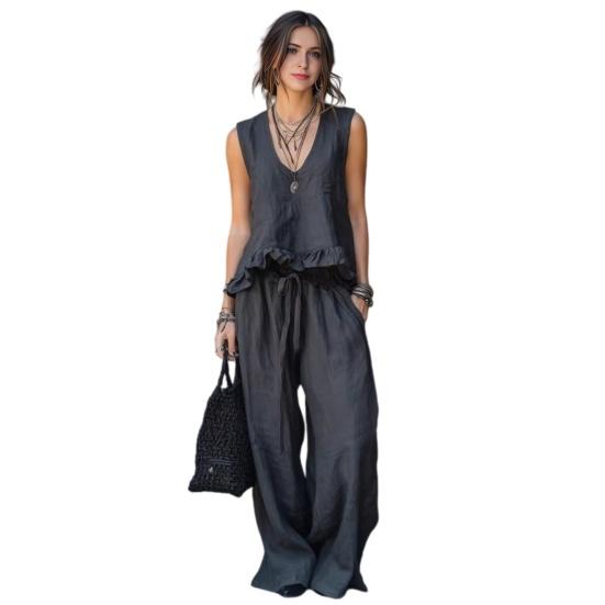 

Summer Ruffle 2 Piece Sets for Women Sleeveless V Neck Tank Top And Wide Leg Pants Sets Casual Loose Loungewear Outfits XXXL темно-серого